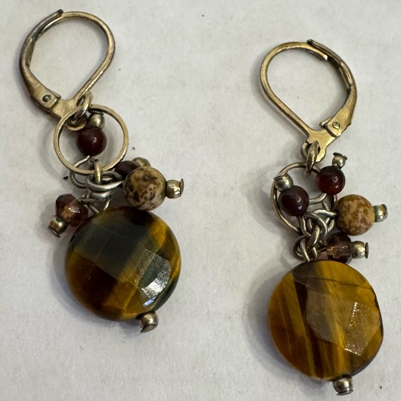 TIGERS EYE Stone Beaded NECKLACE Vtg Brown Dangle Pierced EARRINGS Set - Picture 11 of 16